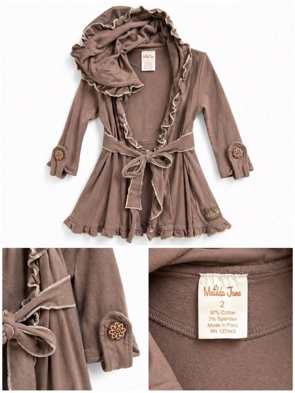 Matilda Jane Ruffle Hooded Tie-Waist Cardigan size 2